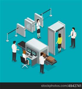 Airport Security Check Isometric Composition Poster . Airport safety security gates check isometric composition with hand baggage screening and passengers control