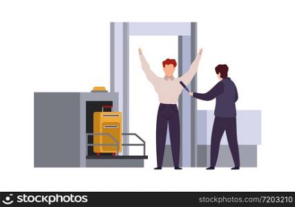 Airport security check. Tiling out baggage and screening or scanning bags vector cartoon travel control concept. Airport security check. Tiling out baggage and screening or scanning bags vector cartoon travel concept