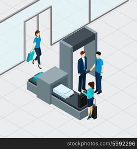 Airport security check with isometric people in queue vector illustration. Airport Security Check