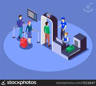 Airport security checkpoint isometric color vector illustration. Airline company safety measure 3d concept isolated on blue background. Passengers check with metal detector, luggage inspection