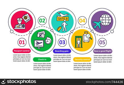 Airport security vector infographic template. Business presentation. Airport services Data visualization with five steps and options. Passport control, baggage check. Process chart. Workflow layout. Airport security vector infographic template