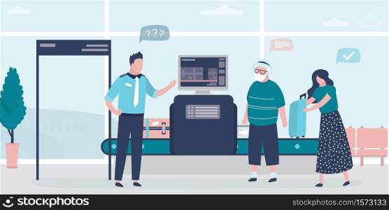Airport security. X-ray luggage scanner, safety frame. Checking baggage inside airport. Public transport safety concept. Staff and various passengers. Trendy style vector illustration