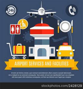 Airport services and facilities flat air travel advertisement poster with traffic control tower taxi luggage vector illustration. Airport Services Facilities Flat Poster
