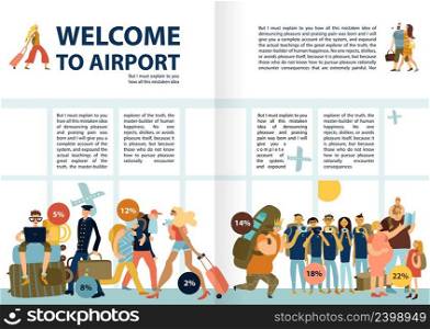 Airport services information infographic text with funny pictures traveling families singles tourists groups late passengers vector illustration . Air Travel Infographics 
