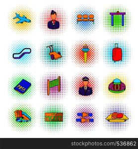 Airport set icons in comics style on a white background . Airport set icons, comics style