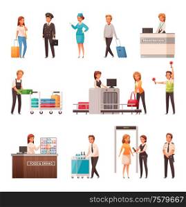 Airport staff passengers with suitcases security check cartoon icons set isolated on white background vector illustration