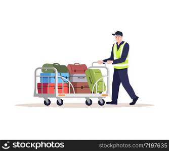Airport staff semi flat RGB color vector illustration. Man carry laggage on trolley. Aircraft service to ship baggage. Station delivery worker isolated cartoon character on white background