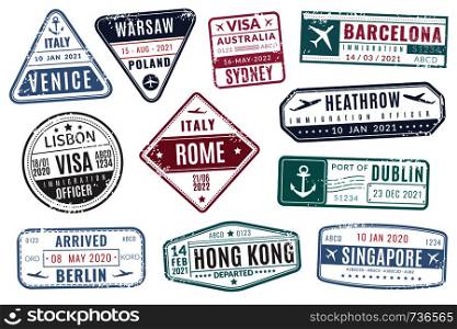 Airport stamps. Vintage travel passport visa immigration arrived stamp with grunge texture. Europe tourism isolated vector set. Airport stamps. Vintage travel passport visa immigration arrived stamp with grunge texture. Isolated vector set