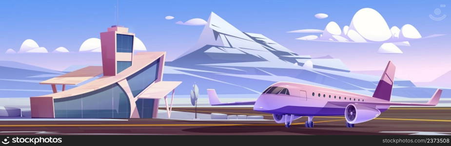 Airport terminal and private jet on runway strip in winter. Vector cartoon illustration of nordic landscape with small airport building, plane on landing field, snow, and mountains. Airport terminal and private jet in winter