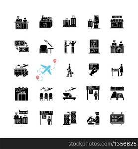 Airport terminal black glyph icons set on white space. Boarding pass. Flight information. Smoking area. Lounge for passenger waiting. Silhouette symbols. Vector isolated illustration