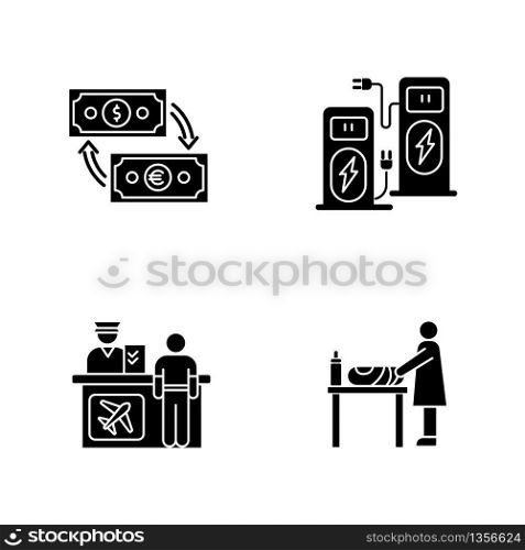 Airport terminal black glyph icons set on white space. Money exchange. Power recharge. Self service kiosk. Check in desk for flight. Silhouette symbols. Vector isolated illustration