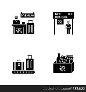 Airport terminal black glyph icons set on white space. Premium service desk. Red channel for transit to plane. Luggage on trolley. Duty free shopping. Silhouette symbols. Vector isolated illustration