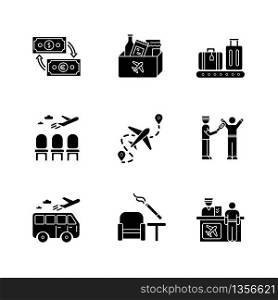 Airport terminal black glyph icons set on white space. Waiting lobby for passengers. Flight check in. Metal detection with scanner. Silhouette symbols. Vector isolated illustration