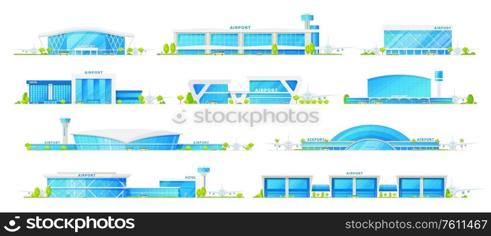 Airport terminal buildings, vector icons. International airport and hotel, terminals with air traffic control tower, airplane and passenger gates, modern architecture with glass facades. Airport buildings vector icons, modern terminals