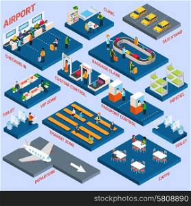 Airport terminal concept with passenger transportation and lounge zone isometric icons vector illustration. Airport Isometric Concept