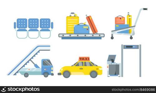 Airport terminal elements cartoon illustration set. Taxi, metal detection arche, baggage conveyor belt, waiting room, hand luggage cart, forklift. Arrival, airline, transportation concept