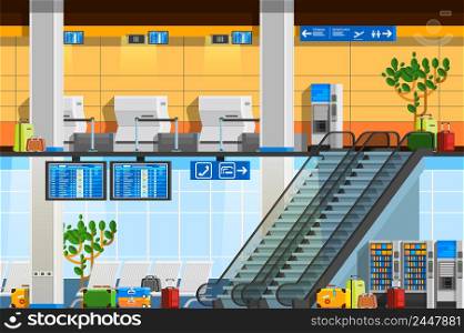 Airport terminal flat composition with departure lounge touristic baggage schedule scoreboard escalator decorative elements vector illustration . Airport Terminal Flat Composition