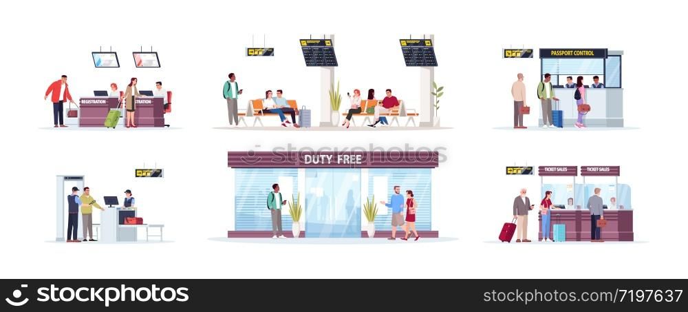 Airport terminal flat vector illustrations set. Luggage security control. Duty free shop. Registration desk, tickets sale counter. Airplane passengers isolated cartoon characters kit