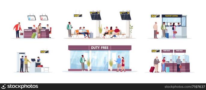 Airport terminal flat vector illustrations set. Luggage security control. Duty free shop. Registration desk, tickets sale counter. Airplane passengers isolated cartoon characters kit