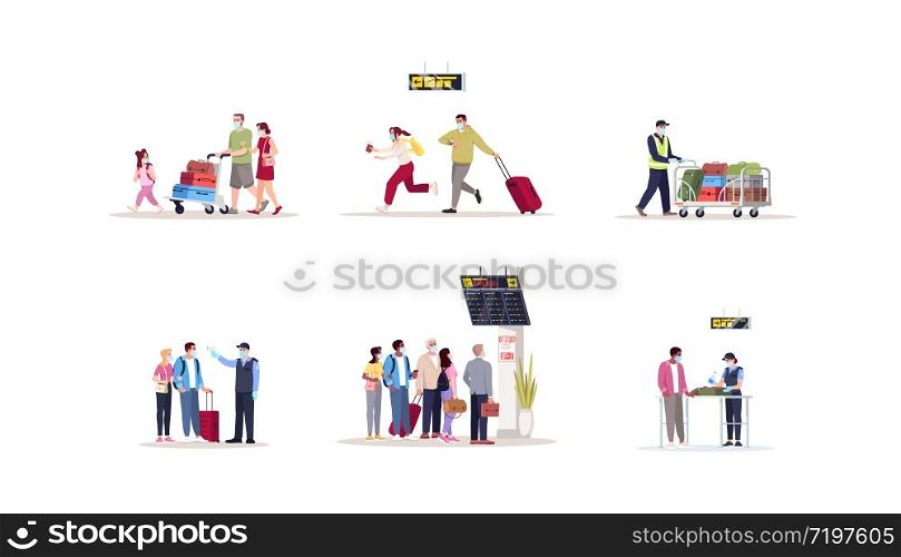 Airport terminal flat vector illustrations set. Pandemic precaution healthcare check on border. People in medical masks hurry for departure. Airplane passengers isolated cartoon characters kit