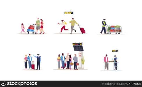 Airport terminal flat vector illustrations set. Pandemic precaution healthcare check on border. People in medical masks hurry for departure. Airplane passengers isolated cartoon characters kit
