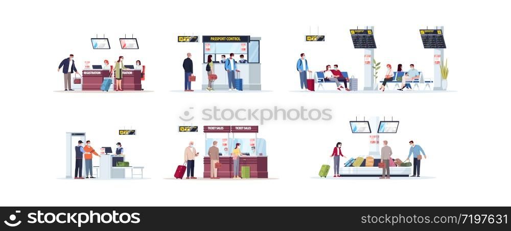 Airport terminal flat vector illustrations set. Registration desk during pandemic. Epidemic passport control. Airplane passengers and staff members in masksisolated cartoon characters kit