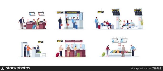 Airport terminal flat vector illustrations set. Registration desk during pandemic. Epidemic passport control. Airplane passengers and staff members in masksisolated cartoon characters kit