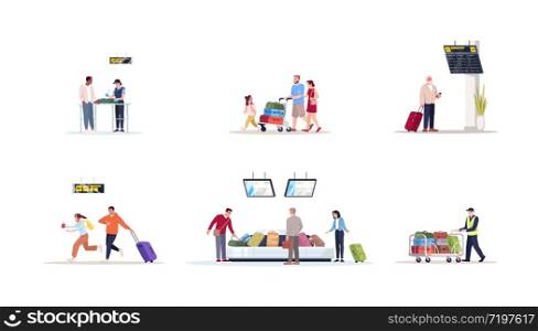 Airport terminal flat vector illustrations set. Security control for smuggle. Luggage check. Family go on vacation. Wait for flight. Airplane passengers isolated cartoon characters kit