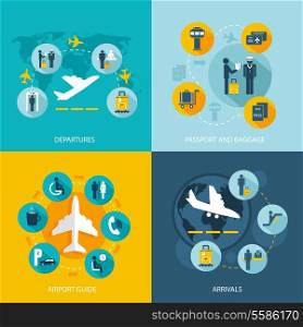 Airport terminal flight services concept flat icons set of passenger arrivals departures passport control luggage check and mass transit for infographics design web elements vector illustration
