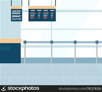 Airport terminal interior, ticket office with metal barrier fence. Checkpoint with information board. Panoramic windows. Air traveling vector illustration. Airport Ticket Office, Barrier Fence Vector Image