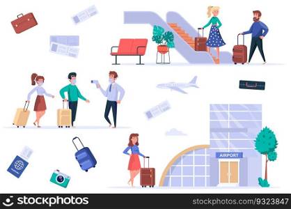 Airport terminal isolated elements set. Bundle of masked passengers go temperature control, tourists with luggage go to boarding, world trip. Creator kit for vector illustration in flat cartoon design