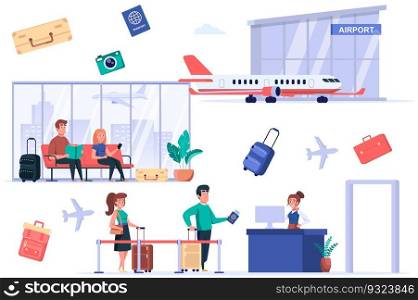 Airport terminal isolated elements set. Bundle of passengers go passport control, tourists with luggage sitting in waiting room, world trip. Creator kit for vector illustration in flat cartoon design