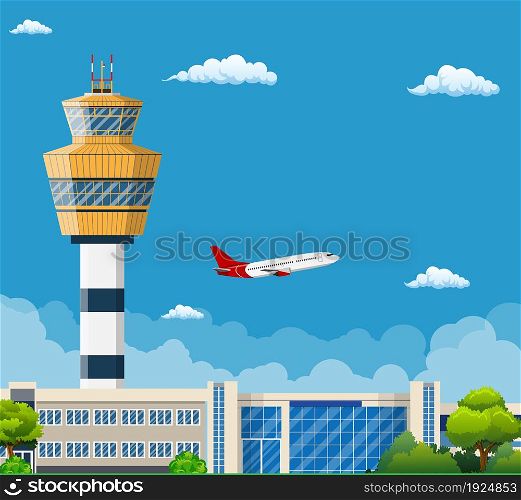 Airport Terminal with Control Tower ,Travel and Tourism Concept , Travel and Tourism Concept. Airport Terminal with Control Tower
