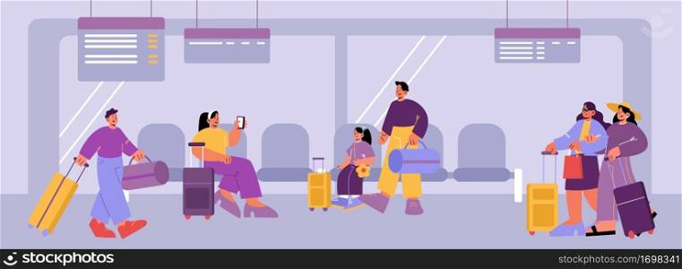 Airport terminal with people with suitcases, chairs and schedule display. Vector flat illustration of departure area with seats. Interior of waiting lounge with tourists and luggage. Airport terminal with people with suitcases
