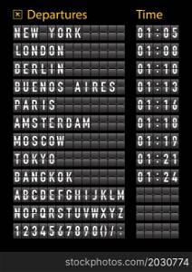 Airport timetable. Airport board for departure and arrive. Information of flight. Font on display panel. Destination on scoreboard. Timetable on terminal. Realistic alphabet with schedule. Vector.