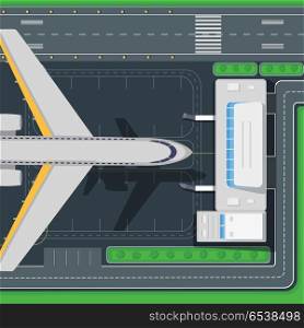 Airport top view concept. Passenger aircraft near airport terminal building, road, trees, runway flat style vector illustrations. Airplane flight. For airline ad, travel, transportation concept design. Airport Top View Vector Concept in Flat Design. Airport Top View Vector Concept in Flat Design