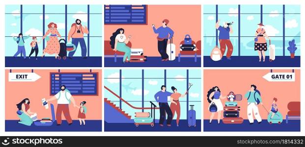 Airport tourist. Couple travellers, girl friends with baggage waiting flight. Family journey, happy people decent vacations vector concept. Illustration boarding and waiting in terminal airport. Airport tourist. Couple travellers, girl friends with baggage waiting flight. Family journey, happy people decent vacations vector concept