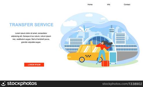 Airport Transfer Flat Vector Horizontal Web Banner with Traveling with Baggage Woman Calling Taxi After Arriving to Airport Terminal Illustration. Airline Company, Taxi Service Landing Page Template