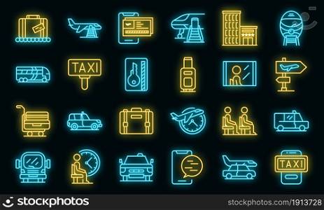 Airport transfer icons set. Outline set of airport transfer vector icons neon color on black. Airport transfer icons set vector neon