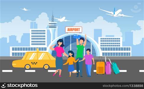 Airport Transfer with Taxi Service Flat Vector Banner with Happy Parents with Children, Ready for Travel, Arriving to Airport Terminal with Baggage Illustration. Family Summer Vacation Voyage Concept