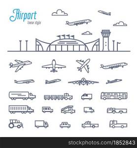 Airport transport set. Various types of cars and vehicles for Airport ground support service. Outline style vector illustration on white background.. Airport transport set. Various types of cars and vehicles for Airport ground support service. Outline style vector illustration on white background