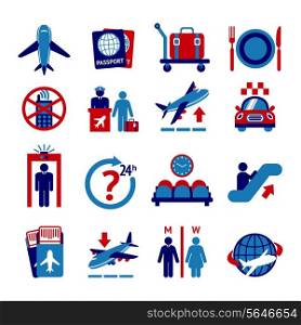 Airport travel button icons set with plane security check baggage control isolated vector illustration