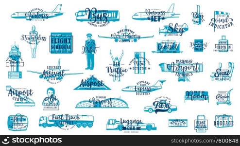 Airport vector icons of air transportation and travel sketches with letterings. Airplanes, passport control, luggage suitcase and plane ticket, airport service transport, traffic tower, pilot, runway. Airport sketches of air transportation and travel