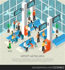 Airport Waiting Area Isometric Illustration. Airport waiting area with travelers and luggage information boards airplanes behind windows interior elements isometric vector illustration