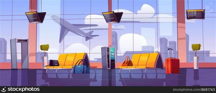 Airport waiting room with airplane take off from runway window view. Empty terminal interior with chairs, luggage, security scanner and schedule display. Departure area, cartoon vector illustration. Airport waiting room with airplane take off view