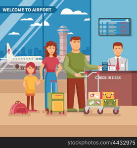 Airport Work Illustration . Airport work poster family at check in desk with his luggage before boarding a plane vector illustration