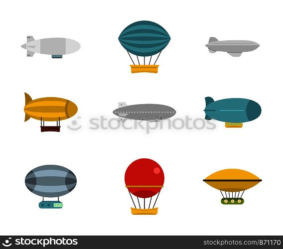Airship icon set. Flat set of airship vector icons for web design isolated on white background. Airship icon set, flat style