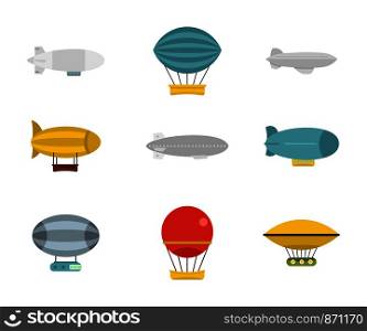 Airship icon set. Flat set of airship vector icons for web design isolated on white background. Airship icon set, flat style