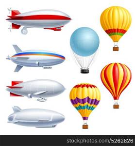 Airship Realistic Icon Set. Airship realistic icon set with different types of planes dirigible and air balloons vector illustration