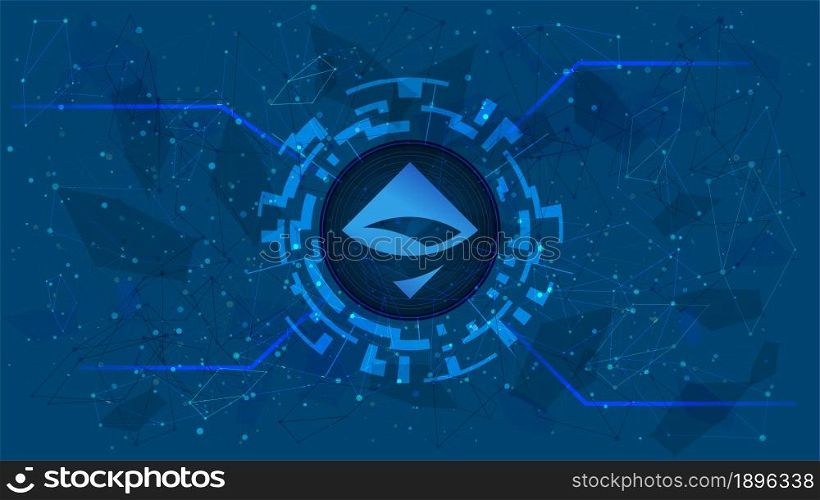 AirSwap AST token symbol of the DeFi project in a digital circle with a cryptocurrency theme on a blue background. Cryptocurrency icon. Decentralized finance programs. Copy space. Vector EPS10.